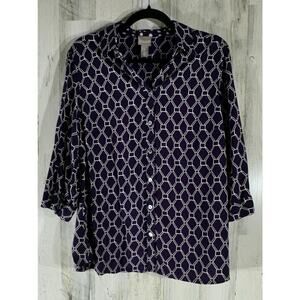 Chicos Button Up Blouse Top‎ Size 2 or Large Purple Geometric Contrast Roll Tab